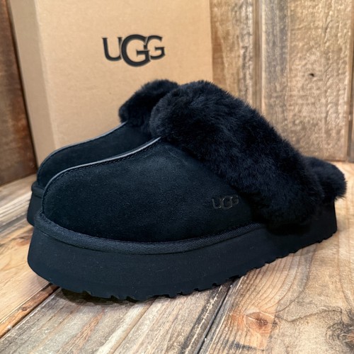UGG DISQUETTE PLATFORM PANTOFOLE DONNA US 8 SCAMOSCIATO LANA SLIDE SANDALO NERO