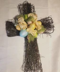 Easter Hanging Wall Cross 19" Wire Back Twig Vine Glittery Eggs Yellow Bow - Picture 1 of 5