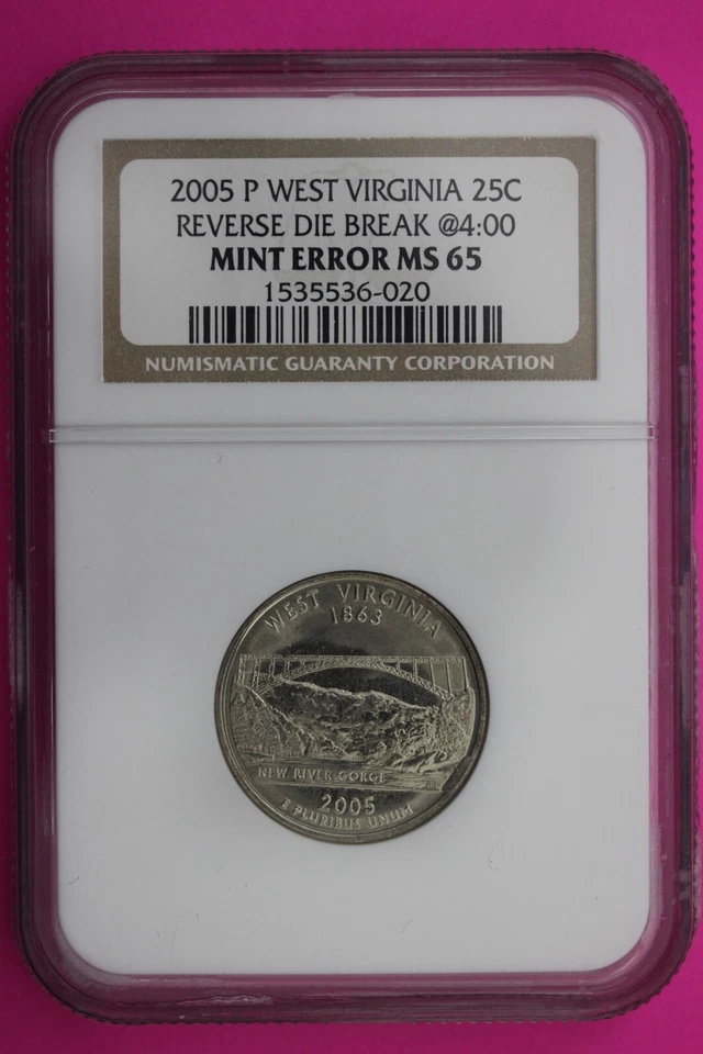 2005 P MS 65 Mint Error Die Break West Virginia Clad State Quarter NGC Slab 428 - Image 1 of 3
