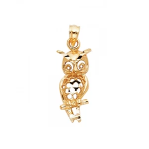 14K Solid Yellow Gold Owl Pendant - Bird Dia Cut Necklace Charm Women Men - Picture 1 of 1