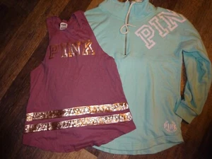 2 Victoria's secret PINK ~ SMALL t-shirt tank top bling & sweatshirt pullover - Picture 1 of 8