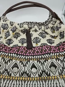 WOMEN'S LOVESTITCH BOHO DBL HANDLE PURSE BAG TOTE MULTI METALLIC THREAD COINS - Picture 1 of 12