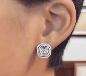 Hexagonal Double Halo Stud Earrings For Her High Quality White CZ 925 Silver - Picture 1 of 6