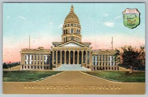 TOPEKA KANSAS KS STATE CAPITOL BUILDING GOLD EMBOSSED COAT OF ARMS POSTCARD - Picture 1 of 2