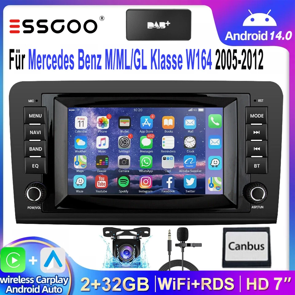 DAB+ Android 14 GPS Navi Autoradio Für Mercedes Benz ML W164 GL X164 2005-12 Kam - Bild 1 von 4
