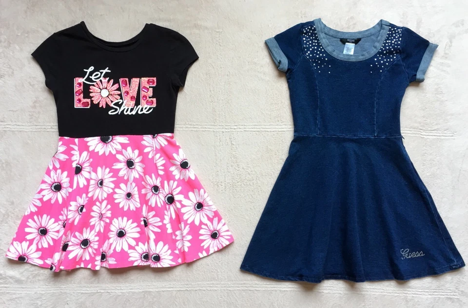 Guess & Justice Girls Dresses Size 7/8, Blue Denim, Black & Pink Floral Gems - Image 1 of 4