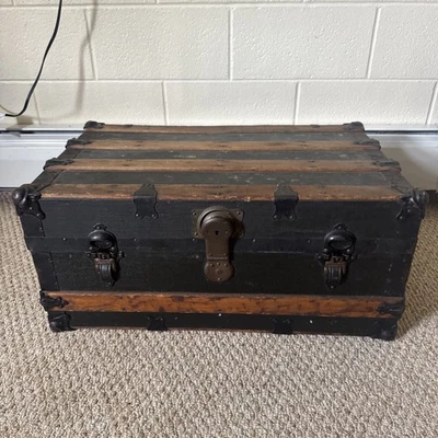 Vintage Wooden Treasure Chest Lock Box with Unique Locking Mechanism - Image 1 of 4