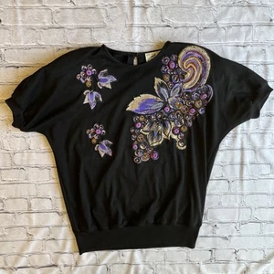 Top vintage Lady Stephanie elaborato anni 80 manica corta nero taglia 1X art to wear - Foto 1 di 9