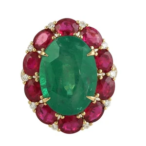 18K Yellow Gold Vintage Estate Jewelry Oval Emerald Ruby Diamond Cocktail Ring - Picture 1 of 7