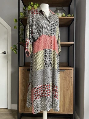 Vestido Camisa Zara Satén Sedoso L 12 Retazos Geométricos Línea Empire Midi Sin Usar Foto 1 de 4
