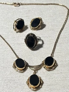 Vintage MOURNING Set Necklace RING Earrings Gold Fill w BLACK Stone - Picture 1 of 5