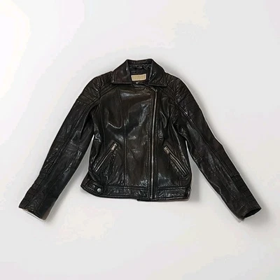 Chaqueta de Cuero Michael Kors Mujer Talla Pequeña Negra Moto Cremallera Completa Foto 1 de 4