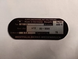 Typenschild AHK Anhängerkupplung Westfalia VW Golf 2 3 Kupplungskugel Schild 104 - Bild 1 von 1