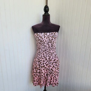NWT Bershka Pink Leopard Layred Strapless Mini Dress Raw Edge Smocked Sz M - Picture 1 of 14