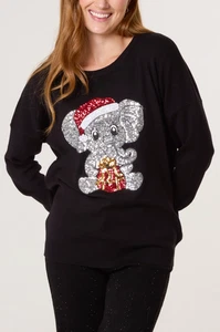 NEU DAMEN FRAUEN PAILLETTEN FESTLICH ELEFANT PULLOVER WEIHNACHTEN STRICKPULLOVER - Bild 1 von 4