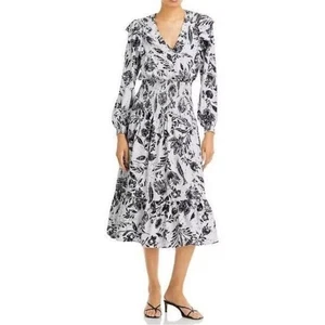 AQUA Linen Blend Smocked Tiered V Neck Ling Sleeve Blue Print Dress NWT Small - Picture 1 of 11