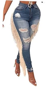 Women's High Waisted Ripped Jeans Cut Out Destroyed Frayed X-Large 1-dark Blue - Picture 1 of 7