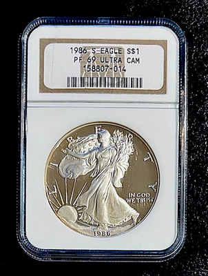 1986-S SILVER EAGLE DOLLAR PROOF GEM NGC PF 69 ULTRA CAMEO - FIRST YEAR ISSUE - Image 1 of 2