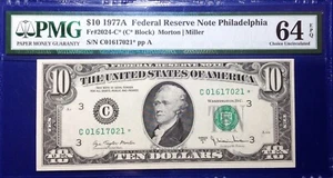1977A $10 Federal Reserve Note Fr-2024-C* Philadelphia PMG64 Choice UNC EPQ - Picture 1 of 4