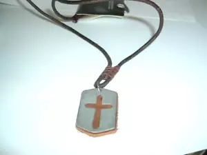 Mens Leather and Steel Cross Pendant 20" Necklace NWT - Picture 1 of 3