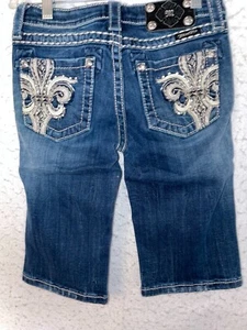 Miss Me Jean Shorts Girls 14 Blue Denim Embellished Sequins Bermuda Fleur De Lis - Picture 1 of 7
