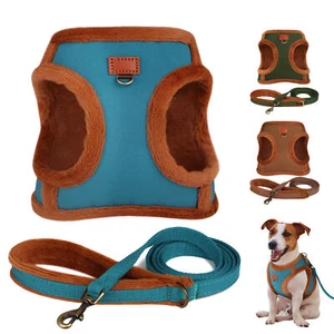 Fleece Lined Dog Harness & Leash Quick Release Buckle Winter Warm Green Brown - Picture 1 of 27