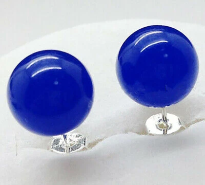 Hermosos aretes redondos de plata con cuentas de piedras preciosas de jade azul de 10 mm Foto 1 de 3