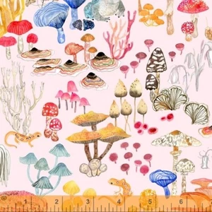 Fat Quarter Deep Forest Mushrooms Frogs on Pink 100% Cotton Quilting Fabric - Picture 1 of 1