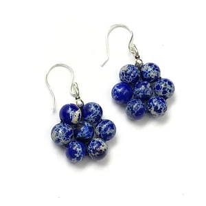 Dark Blue Copper Turquoise Gemstone 8mm Round, 925 Sterling Silver Earring 1.80" - Picture 1 of 6