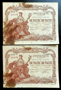 FRENCH INDO CHINA 1 PIASTRE P-34 1909 RARE Running # Pair SAIGON VIETNAM 2 NOTE - Picture 1 of 2