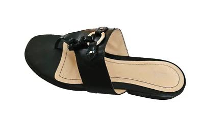 EA ETIENNE AIGNER Ester THONG SANDALS Black Leather Silver Medallion 9 9M Brazil - Image 1 of 4