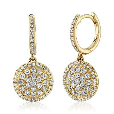 Pendientes colgantes circulares de diamantes de oro amarillo de 14 quilates disco de disco corte redondo natural 0,60 quilates Foto 1 de 3