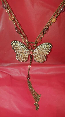 Silver diamond dust rhinestone large Fringe butterfly beaded necklace - Image 1 of 4