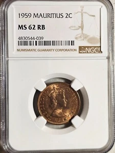 Mauritius 2 Cents 1959 NGC MS 62 RB - Picture 1 of 2