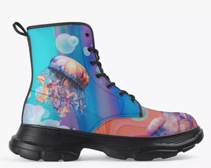 Boho Stiefeletten Psychedelic Blau Ozean Qualle Bunt Sea Life Schuhe - Bild 1 von 9