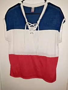 XL Red White Blue Stripe Cuff Sleeve Front Laced Top Women Clothing Summer Shirt - Picture 1 of 10