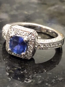 Natural Round Blue Sapphire & Diamond Solitaire Halo Ring 14k White Gold - Picture 1 of 9