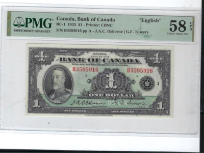 1935 Bank of Canada $1 Dollar  Bank Note BC-1 PMG AU 58 EPQ Prefix B - Image 1 of 2