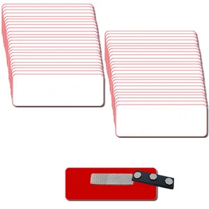 50 BLANK 1 1/4 X 3 WHITE/RED NAME BADGE KIT (U) ROUNDED CORNERS CLEAR LABELS - Picture 1 of 8