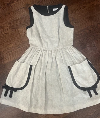 Vestido Rojo Valentino Línea A Caqui Lino Natural Negro con Lazos ~ Talla Mediana Foto 1 de 4