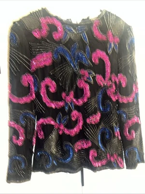 Blusa Top Vintage Escala Talla S Seda Cuentas Lentejuelas Fiesta Festiva Floral Bling Foto 1 de 4