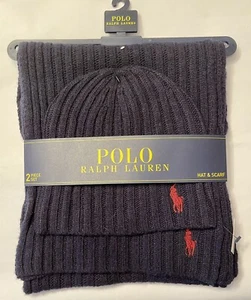 Polo Ralph Lauren Set Hat & Scarf Navy Blue W/ Burgundy Pony Wool Blend NWT - Picture 1 of 4