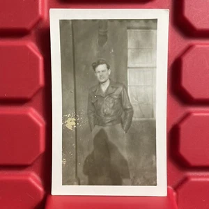 Man Standing In Motorcycle Bomber Jacket 2 7/8 x 4 1/2 Photograph Vintage 1940s - Picture 1 of 2