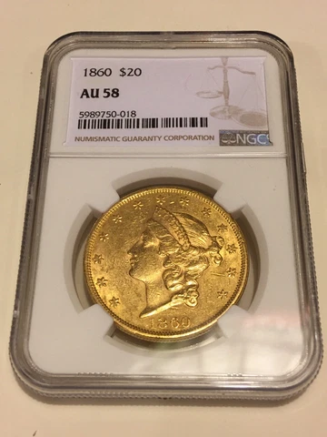 1860 AU58 NGC Liberty Double Eagle $20 Gold Coin great eye appeal (no PCGS) Cover
