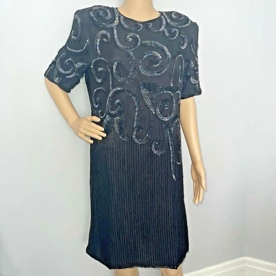 Vestido Vintage Sudi Creation Hecho en Inglaterra Negro Lentejuelas 100% Seda Talla 44 L Foto 1 de 4