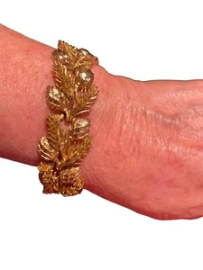 Vintage Armband Panel Link Blatt & Tannenzapfen goldfarben strukturiert 7" - Bild 1 von 6