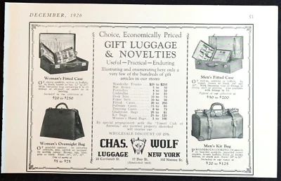 Anuncio impreso antiguo original publicidad publicidad equipaje Charles Wolf 1926 Nueva York Foto 1 de 2