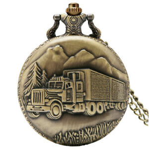 Vintage Pocket Watches 3D Car Truck Engarved Case with Necklace Chain Fob Watch