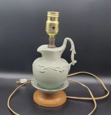 Vintage Light Blue/Green Water Pitcher Wash Bowl Table Lamp Porcelain Wood Base - Image 1 of 4