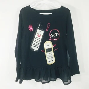 Childrens Place Girls M 7/8 Glitter Cell Phone Graphic Tee Black Pink LS Sequins - Picture 1 of 5